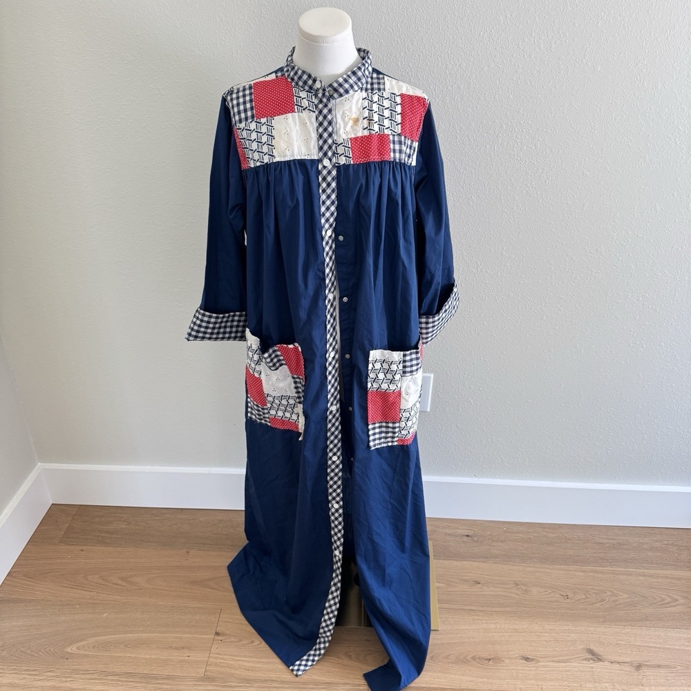 Vtg 60s 70s Models Coat Women Sz 16 Snap Blue Checkered Patchwork Robe Dress